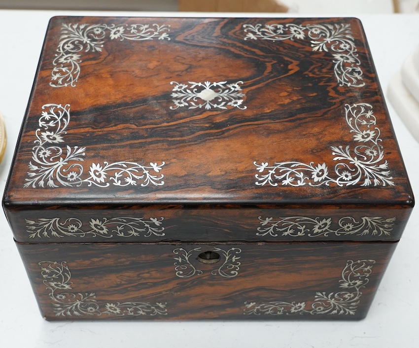 A Victorian mother-of-pearl inlaid rosewood toilet box, 29cm wide. Condition - fair